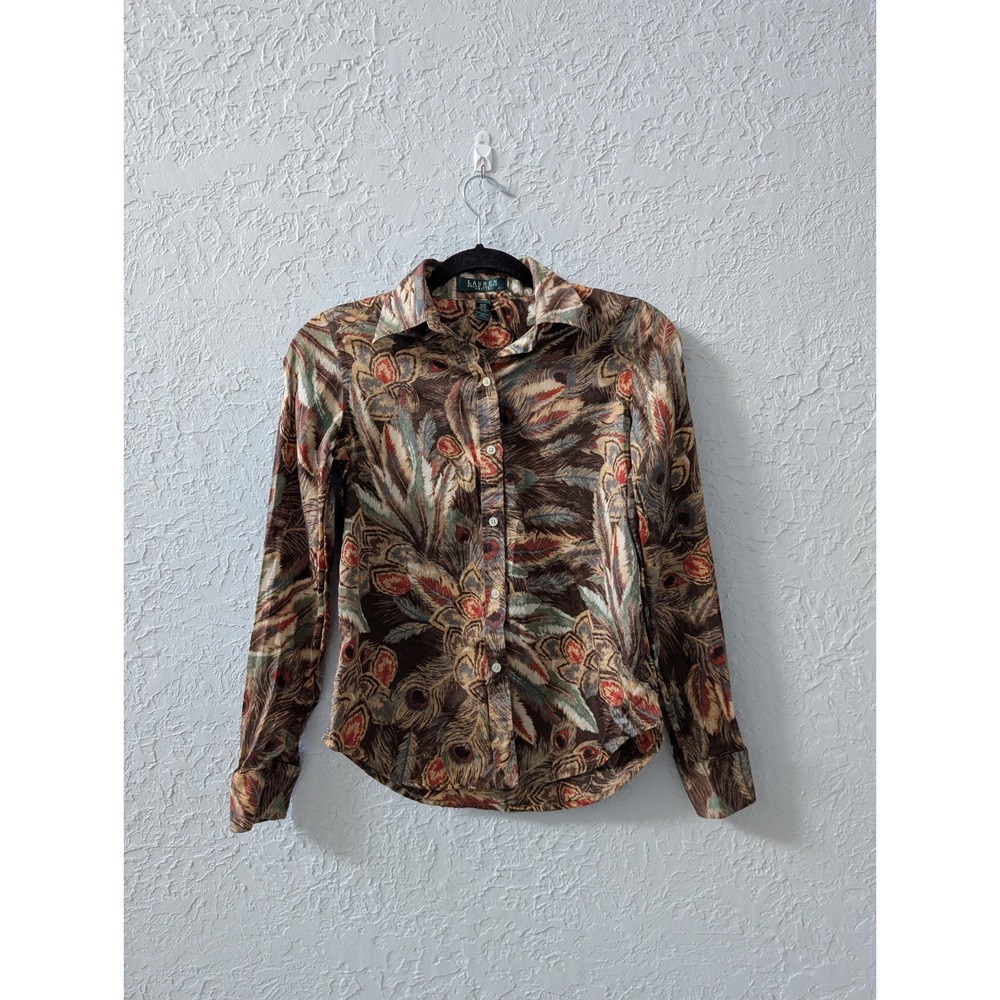 Lauren Ralph Lauren Button Down Shirt Womens PXS Cotton Brown Peacock Feather